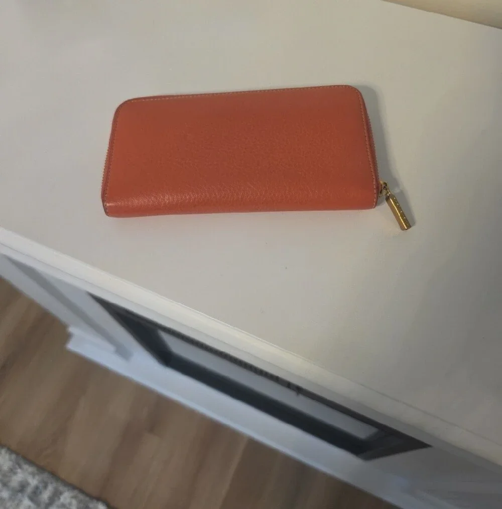 Tory Burch Orange Leather Zip Wallet with Logo Detail